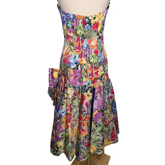 Victor Costa vintage 80s floral drop bow waist strapless party dress size 2 XS - Picture 5 of 8